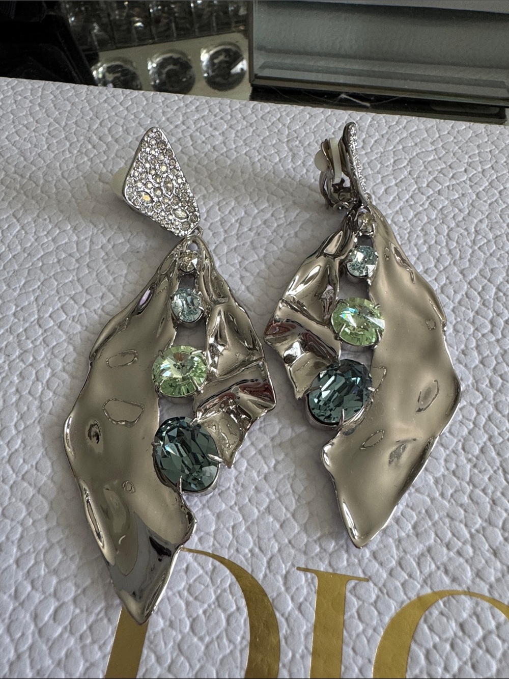 Alexis Bittar Silver-Tone Sculptural Drop Earrings with Green and Teal Crystals